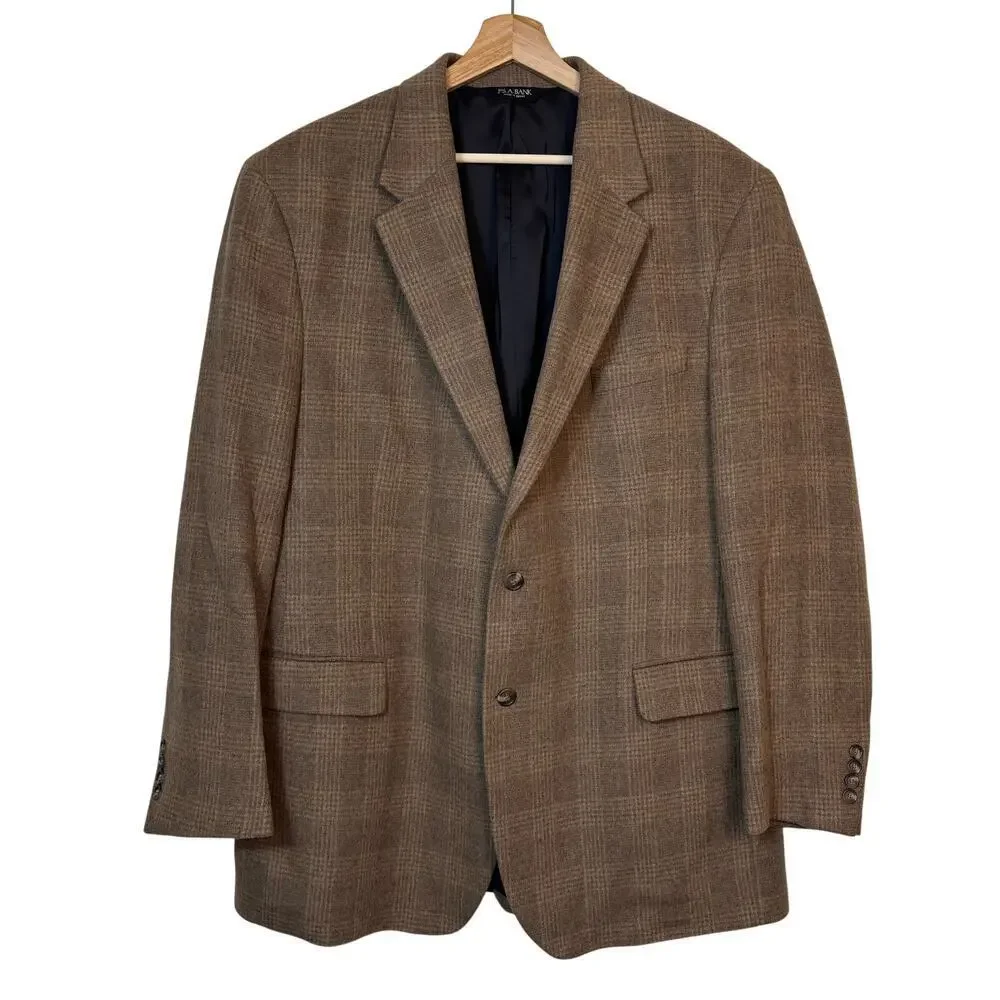 Jos a Bank 100% Camel Hair Sport Coat Size 46L Glen Plaid Brown Travel Business